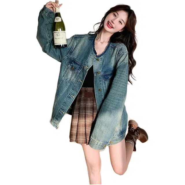 邓大喵 超好看圆领女春秋宽松港风复古做旧休闲百搭上衣牛仔外套 女款