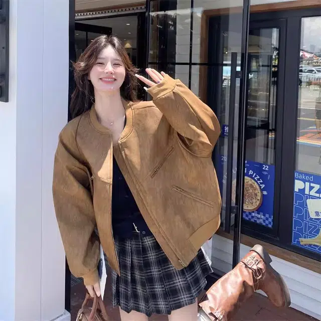 邓大喵 美式复古美拉德麂皮绒外套春秋韩系超好看独特设计夹克上衣棒球服 女款