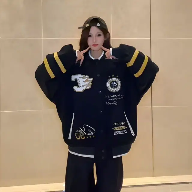 邓大喵 美式复古外套男女款高街潮牌学院风甜妹撞色拼接慵懒风夹克棒球服 男女同款