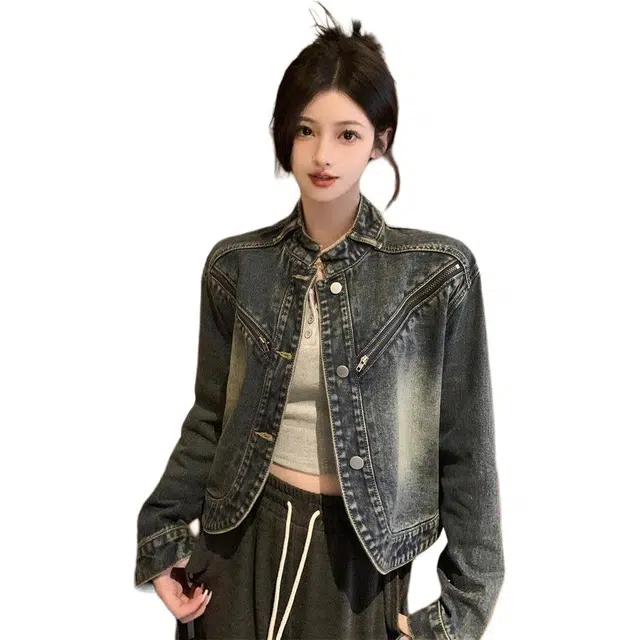 邓大喵 美式复古做旧设计感牛仔外套 女款