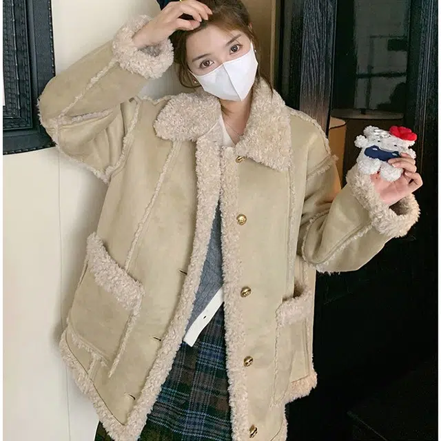 邓大喵 美拉德韩系宽松休闲羊羔毛外套女秋冬季加厚皮毛一体大衣皮草 女款