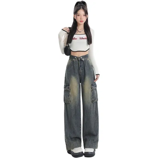 邓大喵 美式翻边直筒女春季美拉德复古工装裤阔腿裤长裤牛仔裤 女款