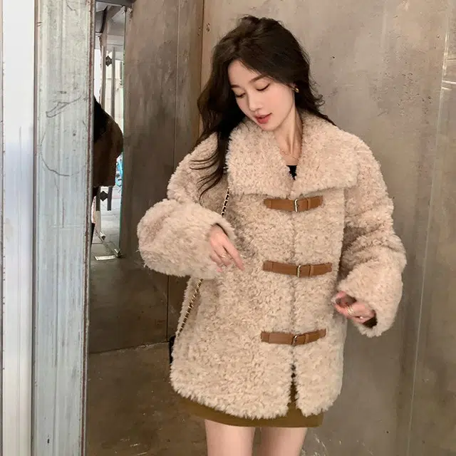 邓大喵 皮毛一体羊羔毛仿外套女中长款羊剪绒大衣冬季皮草 女款