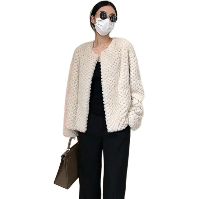 邓大喵 仿獭兔毛外套女冬季百搭圆领短款加厚保暖编织大衣皮草 女款