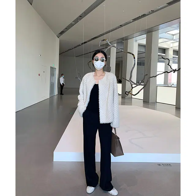 邓大喵 仿獭兔毛外套女冬季百搭圆领短款加厚保暖编织大衣皮草 女款