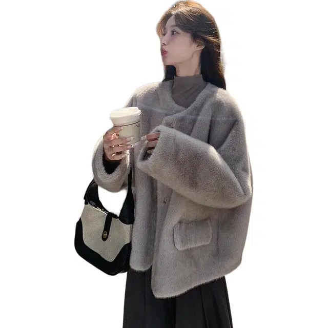 邓大喵 高级感洋气灰色仿貂绒外套女冬季显瘦羊羔毛韩系特厚皮草 女款