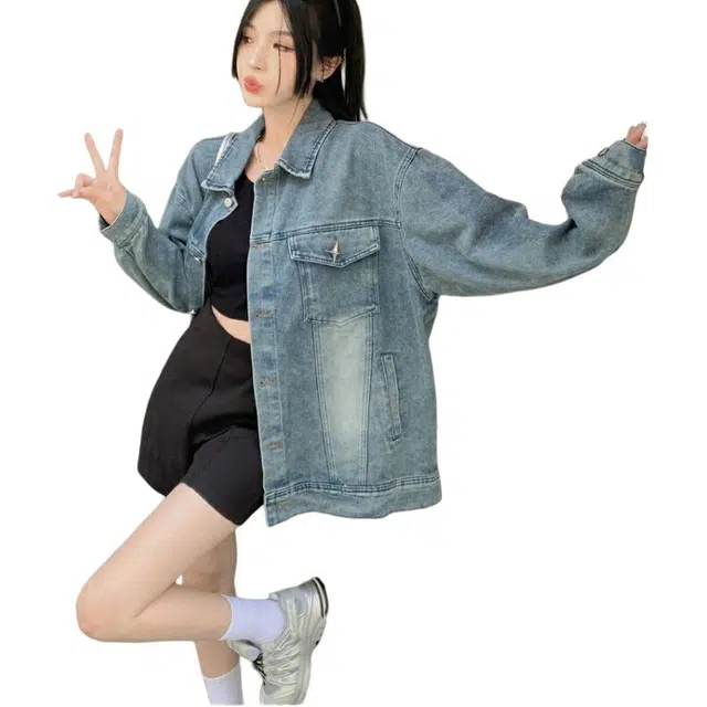 邓大喵 美式水洗复古百搭秋季女高街潮牌宽松情侣夹克牛仔外套 女款
