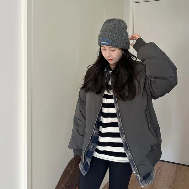 邓大喵 韩版假两件棒球服棉衣女宽松中长款毛呢格子拼接外套冬装棉服 女款