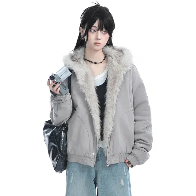 邓大喵 美式复古加棉加厚毛领连帽外套女冬季高级感毛绒棉衣棉服 女款
