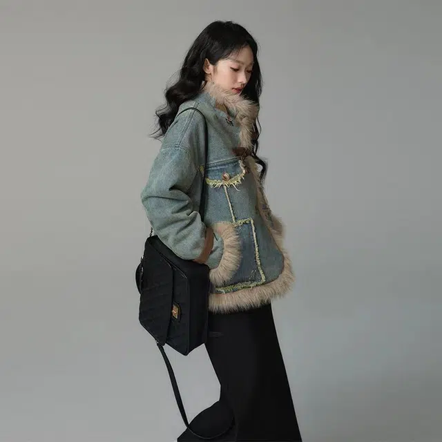 邓大喵 法式复古毛毛牛仔女秋冬季宽松设计时尚通勤文艺百搭上衣外套 女款