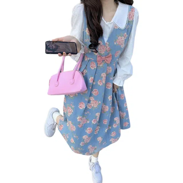 邓大喵 甜美碎花满印连衣裙日系温柔风灯笼袖衬衫两件套裙装套装 女款