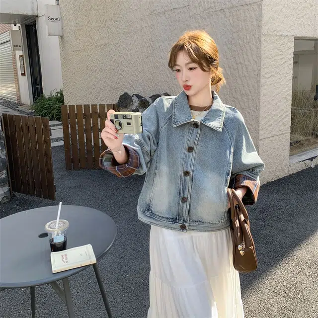 邓大喵 格子拼接韩系高级感牛仔外套 女款