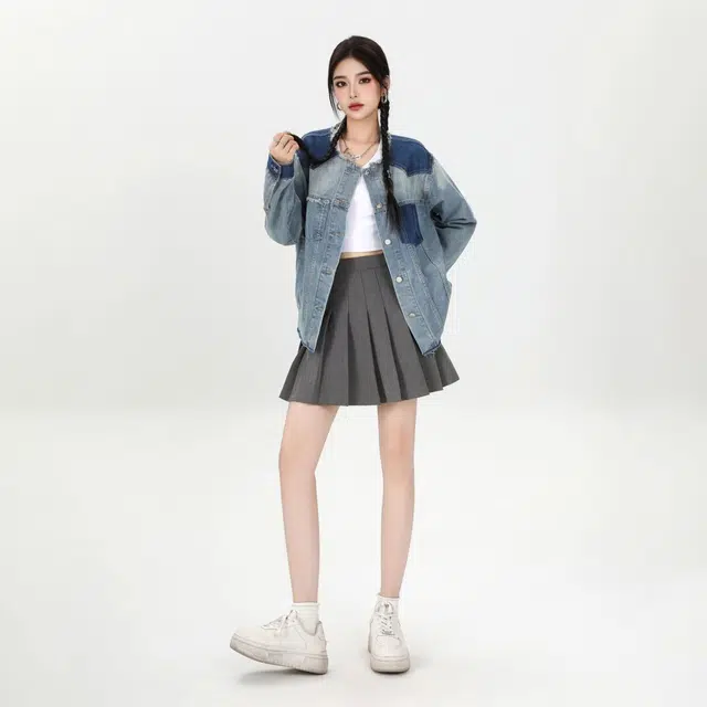 邓大喵 韩系街头个性拼色女秋季设计感小众宽松显瘦夹克上衣牛仔外套 女款