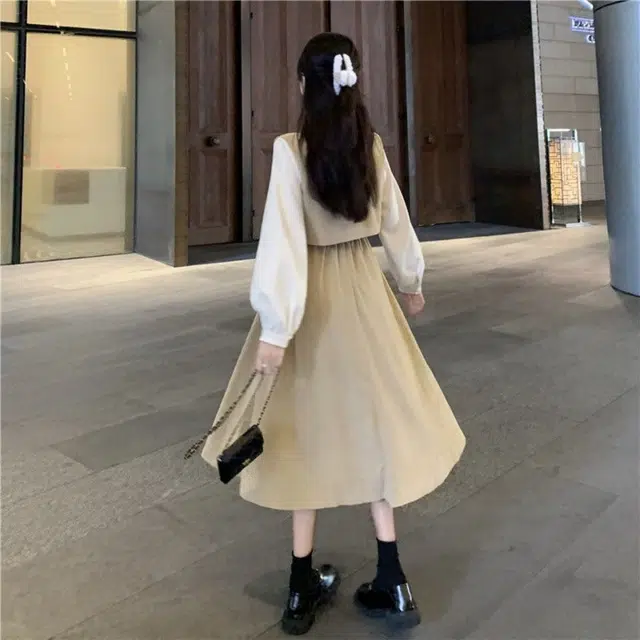 邓大喵 假两件撞色拼接秋季法式复古学院风收腰显瘦中长款裙子长袖连衣裙 女款