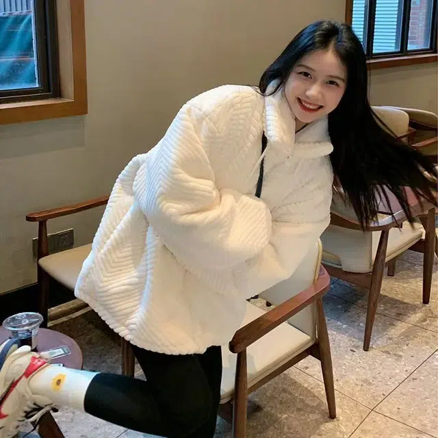 邓大喵 秋冬外套女洋气立领外穿仿羊羔绒加厚宽松兔毛毛大衣皮草 女款