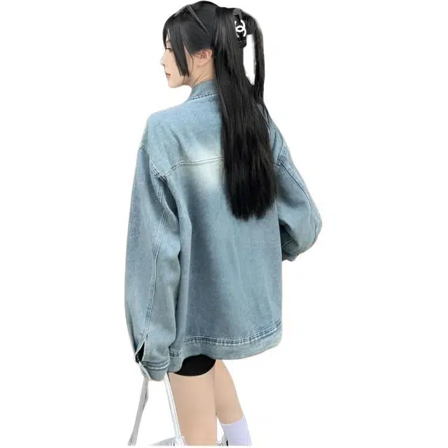 邓大喵 美式水洗复古百搭秋季女高街潮牌宽松情侣夹克牛仔外套 女款