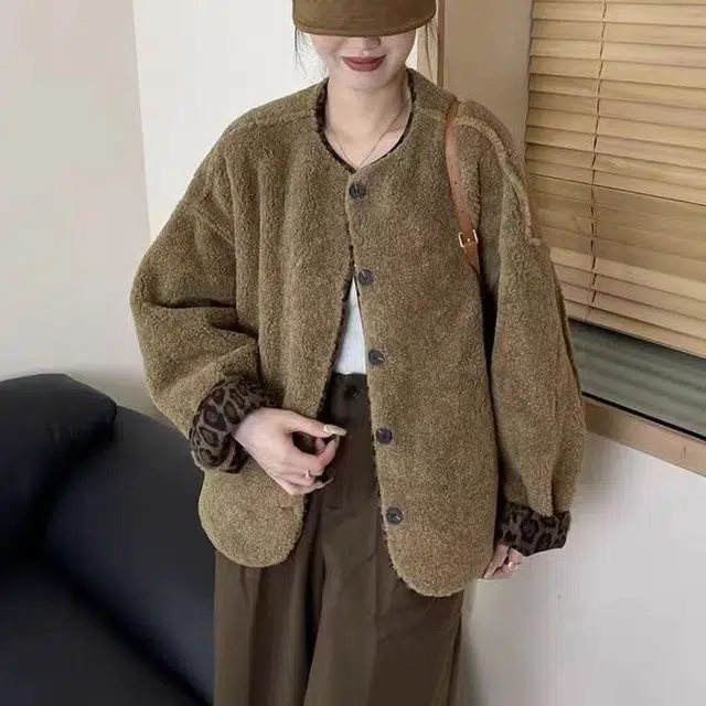 邓大喵 短款外套春秋羊羔绒女豹纹圆领皮毛一体开衫宽松上衣皮草 女款