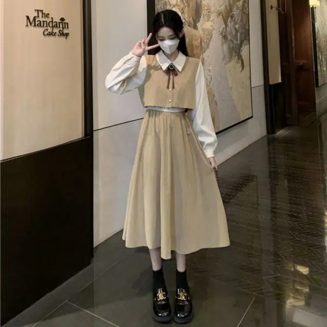 邓大喵 假两件撞色拼接秋季法式复古学院风收腰显瘦中长款裙子长袖连衣裙 女款