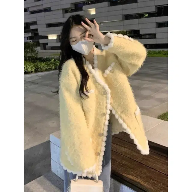 邓大喵 小香风仿水貂毛衣外套女秋冬加厚高级感毛毛感环保开衫皮草 女款