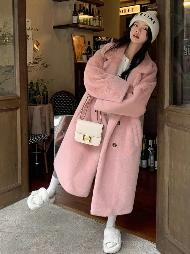 邓大喵 环保仿水貂绒长款宽松加厚欧貂皮毛一体西服领外套大衣女皮草 女款