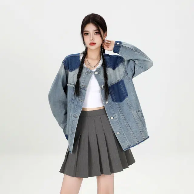 邓大喵 韩系街头个性拼色女秋季设计感小众宽松显瘦夹克上衣牛仔外套 女款