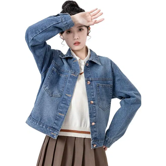 邓大喵 女春秋复古水洗宽松显瘦百搭港味休闲设计感上衣女牛仔外套 女款