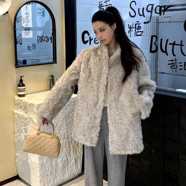 邓大喵 皮毛一体立领环保毛毛外套女冬加厚气质高级感中长款大衣宽松秋冬穿搭皮草 女款