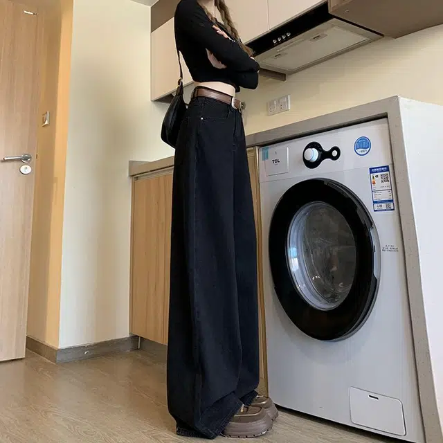 邓大喵 美式高 个子加长阔腿女秋高腰百搭显瘦垂感拖地裤牛仔裤 女款