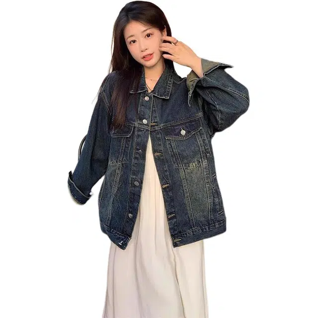 邓大喵 美式水泥灰复古女春秋宽松大码做旧夹克气质长袖上衣牛仔外套 女款