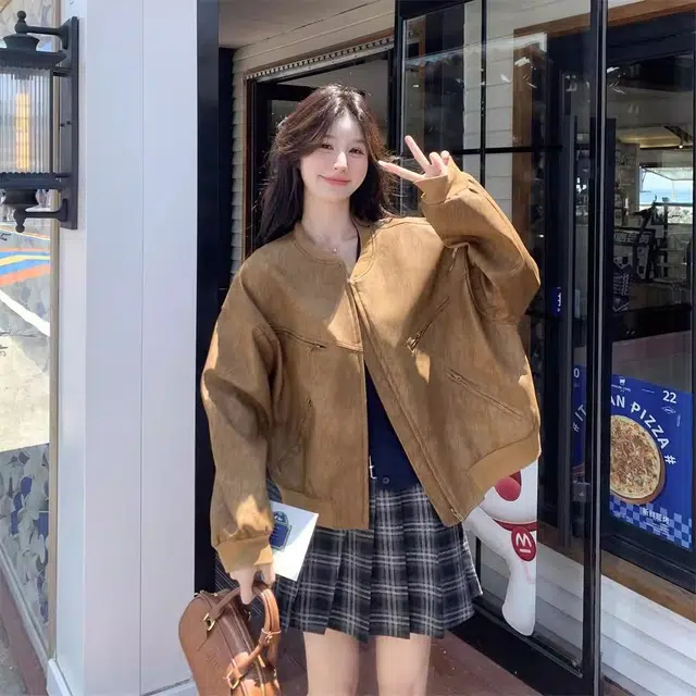 邓大喵 美式复古美拉德麂皮绒外套春秋韩系超好看独特设计夹克上衣棒球服 女款