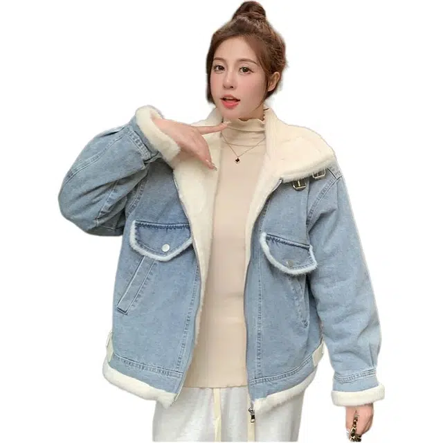 邓大喵 韩版加绒加厚女冬季高级感羊羔毛皮带扣立领夹克棉衣棉服牛仔外套 女款