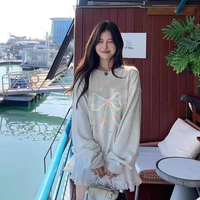 邓大喵 美式复古卡通圆领女春秋设计感小众慵懒宽松上衣加绒加厚外套卫衣 女款