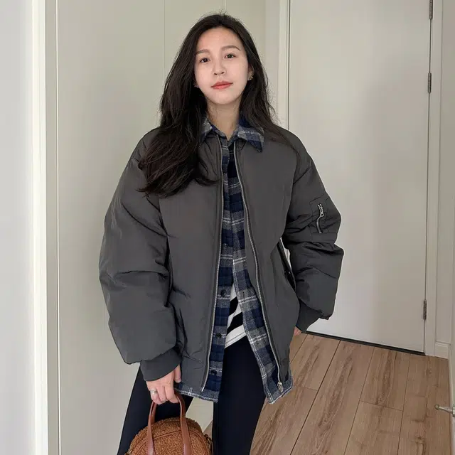 邓大喵 韩版假两件棒球服棉衣女宽松中长款毛呢格子拼接外套冬装棉服 女款