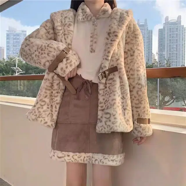 邓大喵 三件套小奶豹系列鹿皮绒半身裙加绒短款豹纹卫衣连帽皮草外套裙套装 女款