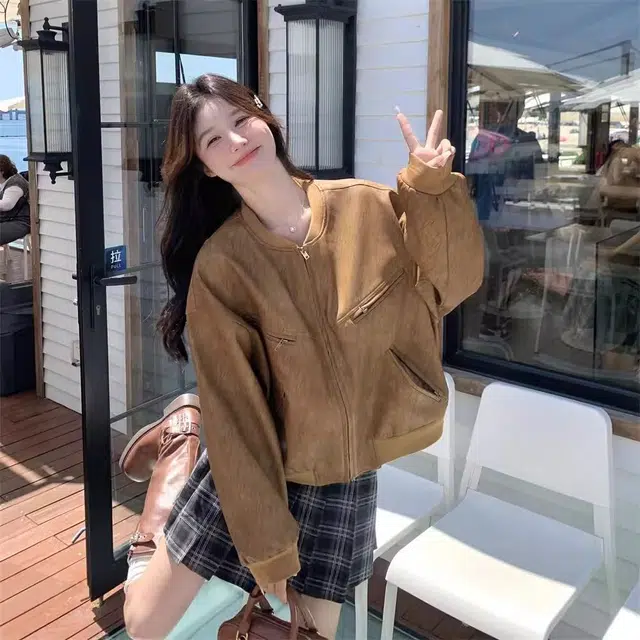 邓大喵 美式复古美拉德麂皮绒外套春秋韩系超好看独特设计夹克上衣棒球服 女款