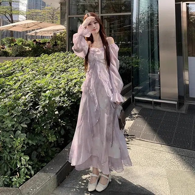 邓大喵 晕染仙气烫金荷叶边春长袖连衣裙 女款
