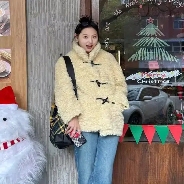 邓大喵 冬季羊羔长款外套加厚牛角扣保暖上衣毛毛大衣环保女皮草 女款