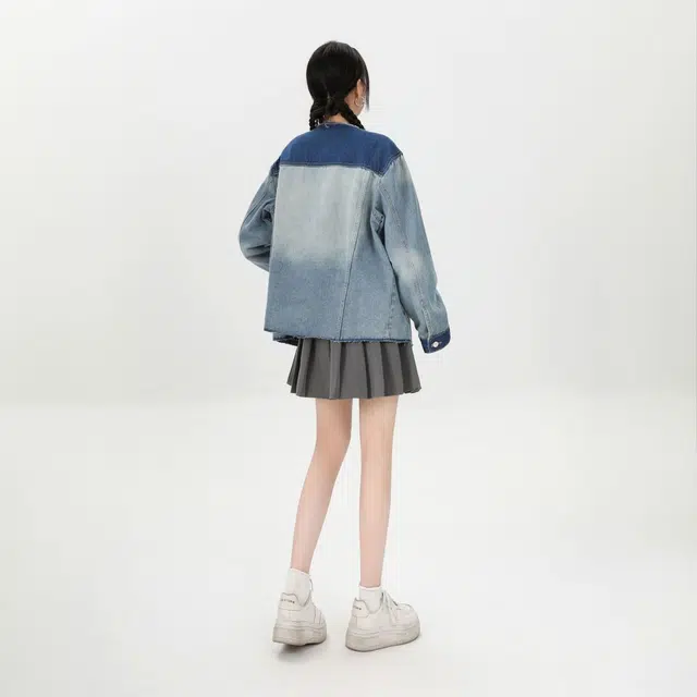 邓大喵 韩系街头个性拼色女秋季设计感小众宽松显瘦夹克上衣牛仔外套 女款