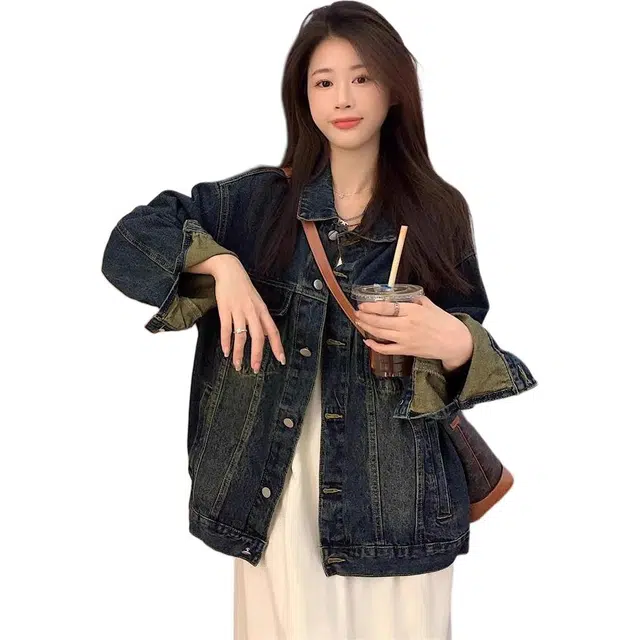 邓大喵 美式水泥灰复古女春秋宽松大码做旧夹克气质长袖上衣牛仔外套 女款
