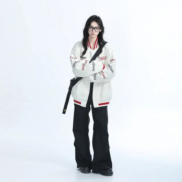 邓大喵 重工刺绣美式复古机车服防风外套女设计感小众宽松夹克棒球服 男女同款