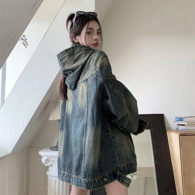 邓大喵 美式做旧连帽女春季设计感复古宽松套头夹克牛仔外套 女款