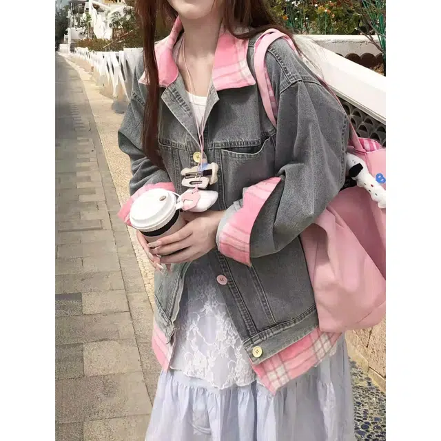 邓大喵 春季拼接格子领衬衫女设计感宽松慵懒假两件夹克牛仔外套 女款