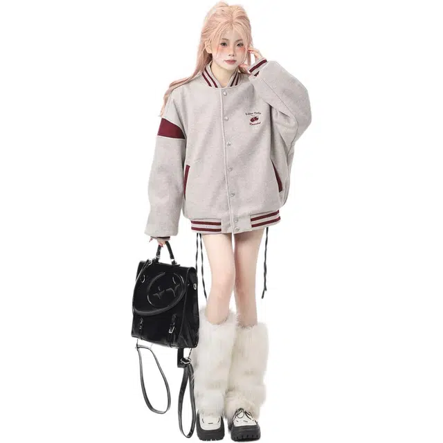 邓大喵 美式宽松拼接外套女春秋款设计感小众飞行员夹克棒球服 女款