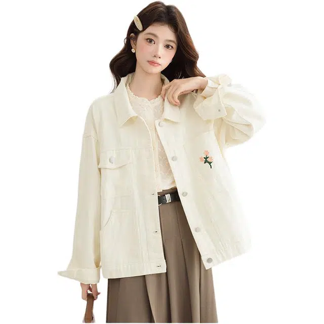 邓大喵 瑰朵小清新甜美刺绣女早春设计感小众上衣小个子牛仔外套 女款
