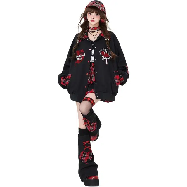 邓大喵 美式亚文风衣服格子拼接爱心外套女春秋季百搭宽松甜酷上衣棒球服 女款
