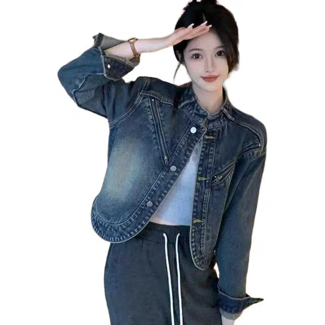 邓大喵 美式复古做旧设计感牛仔外套 女款