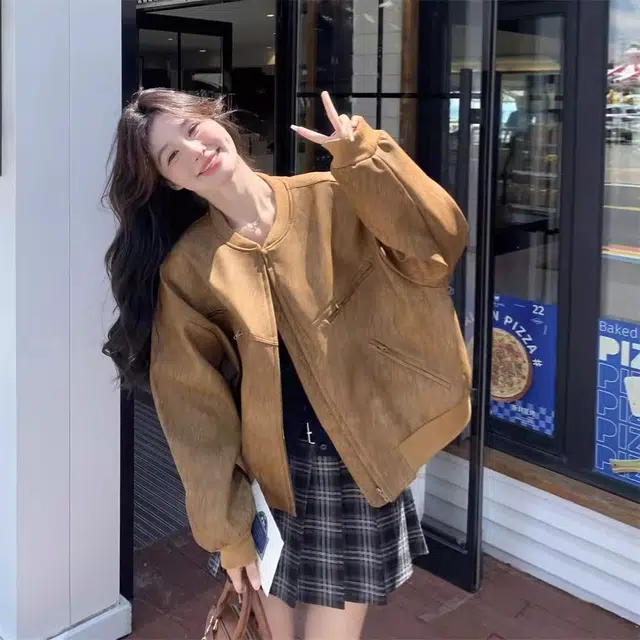 邓大喵 美式复古美拉德麂皮绒外套春秋韩系超好看独特设计夹克上衣棒球服 女款