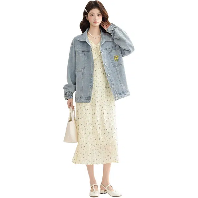 邓大喵 瑰朵浅色刺绣长袖女春秋小众设计感宽松上衣夹克牛仔外套 女款