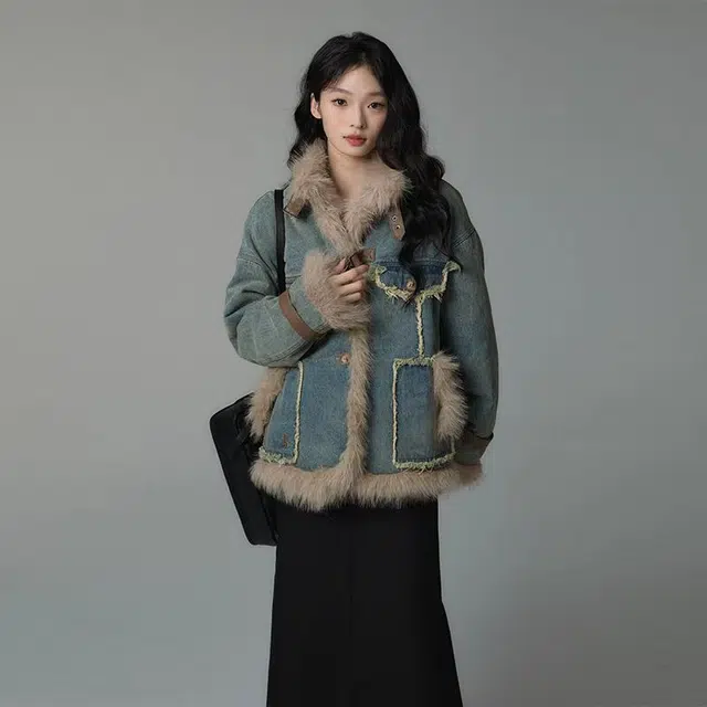 邓大喵 法式复古毛毛牛仔女秋冬季宽松设计时尚通勤文艺百搭上衣外套 女款