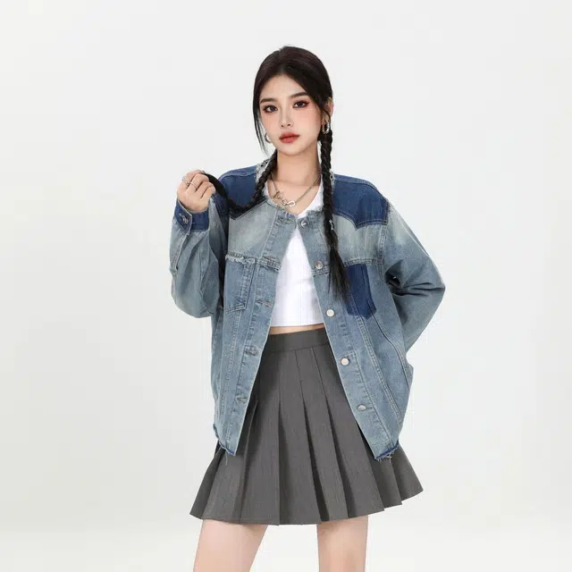 邓大喵 韩系街头个性拼色女秋季设计感小众宽松显瘦夹克上衣牛仔外套 女款